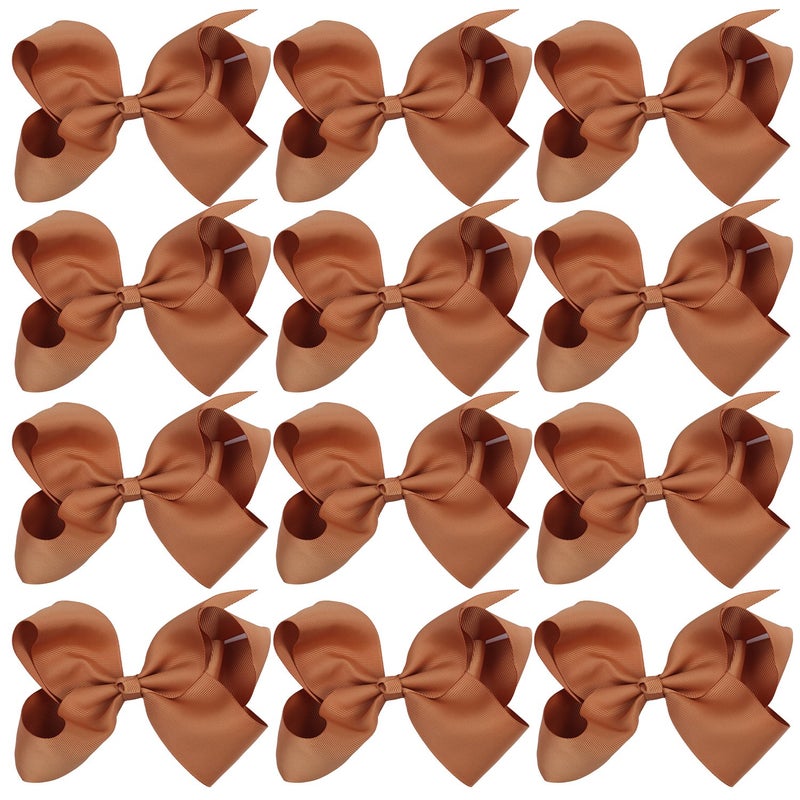 4 Inch Boutique Girls Hair Bows Hair Clips for Girls Toddlers 12 Pcs Solid Color Caramel